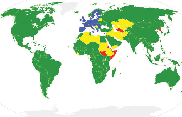 Sur cette carte, le vert représente les pays membres, le jaune pour les observateurs, le bleu les pays de l’UE et le rouge pour les pays non membres